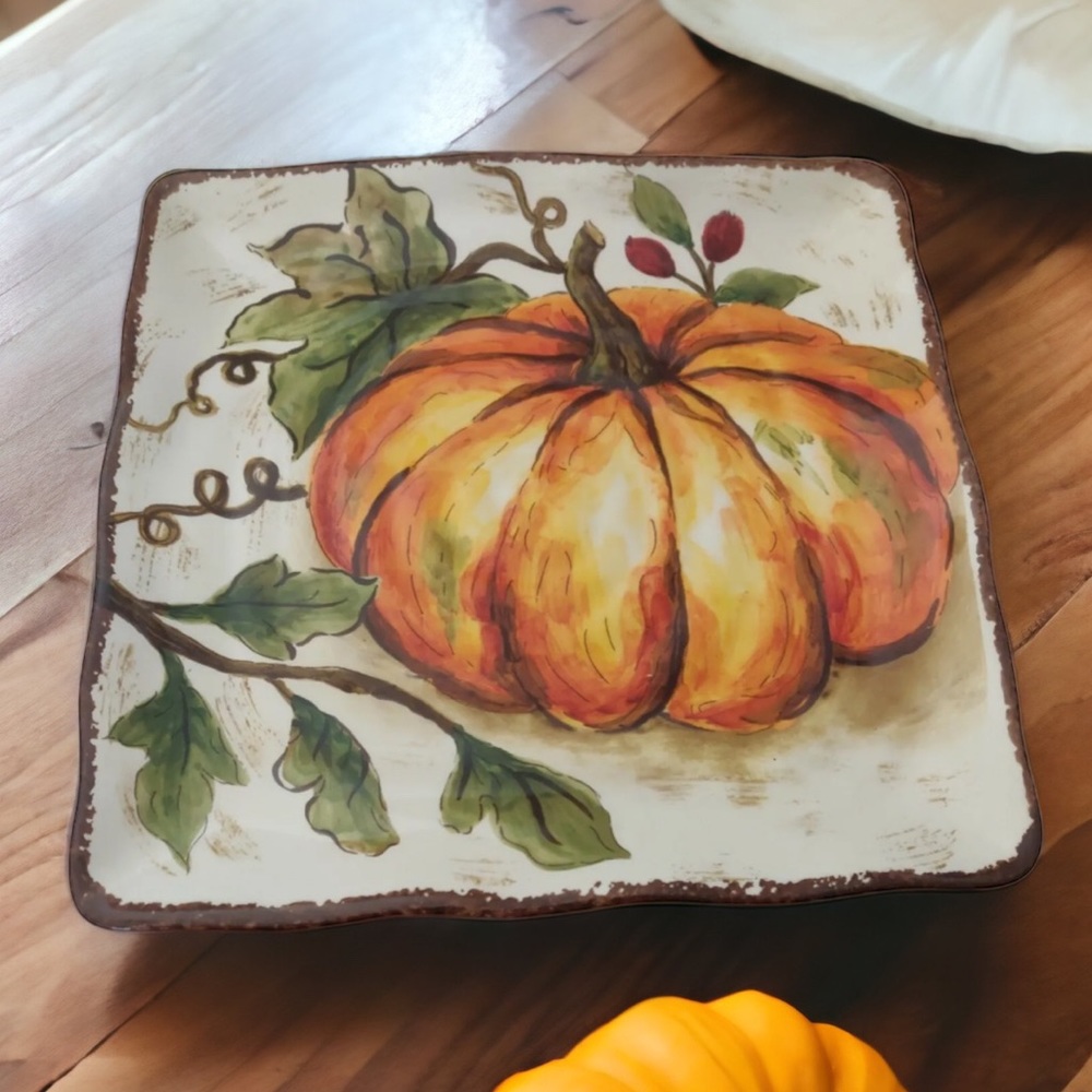 x4 Maxcera Fall Harvest Thanksgiving Pumpkin w/Vine Salad plates Square new